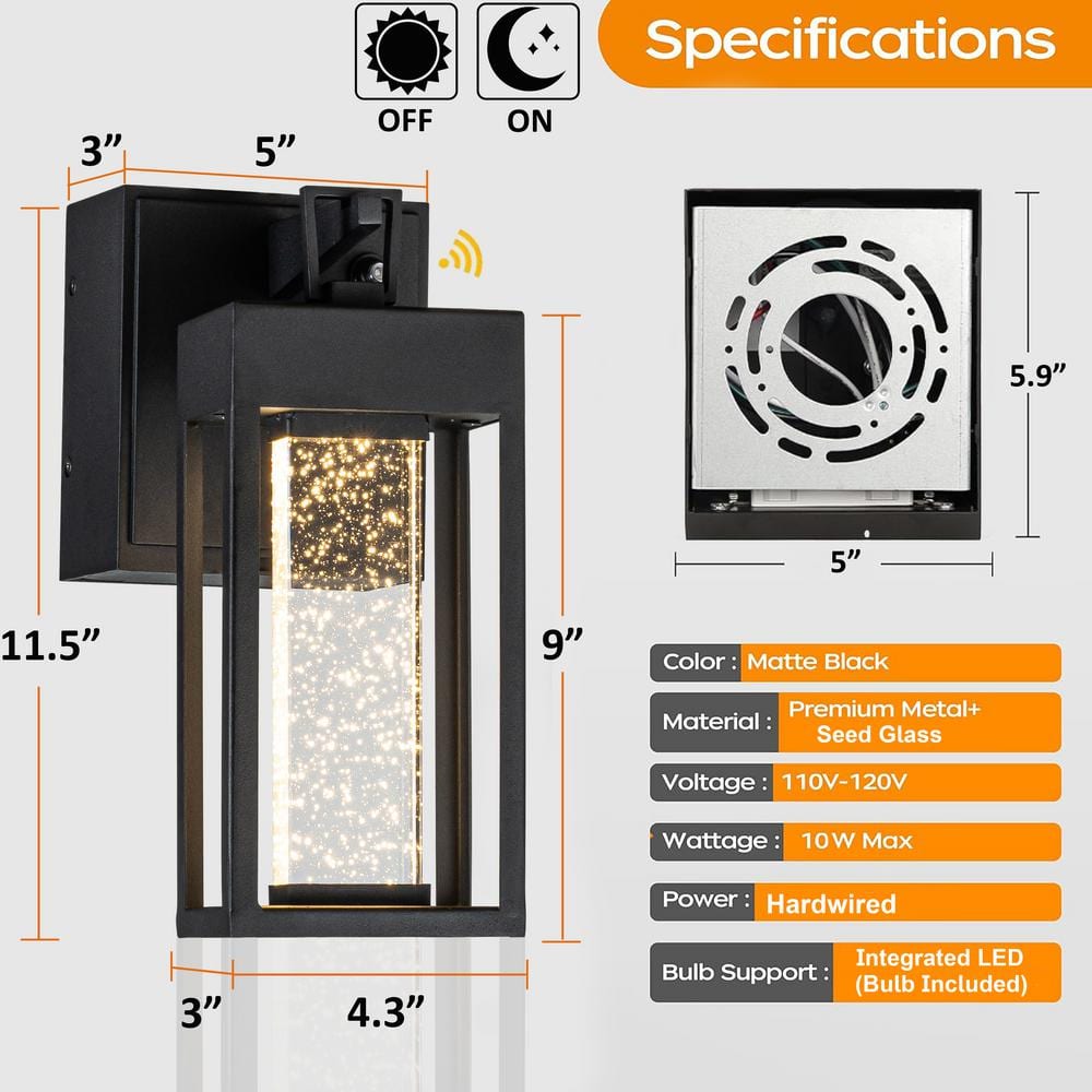 Matte Black Metal LED Outdoor Lantern Sconce with Seeded Glass