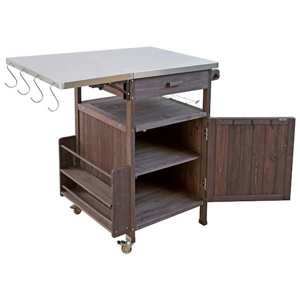 Patio Grill Table 40.5 in. H x 21 in. D x 36.25 in. W Brown Wood Stainless Steel Top Outdoor Storage Cabinet