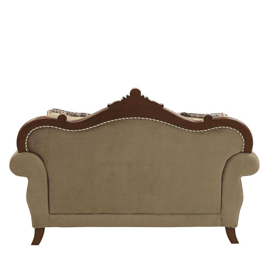 Beige Velvet Floral Rolled Arm Loveseat with Wood Frame
