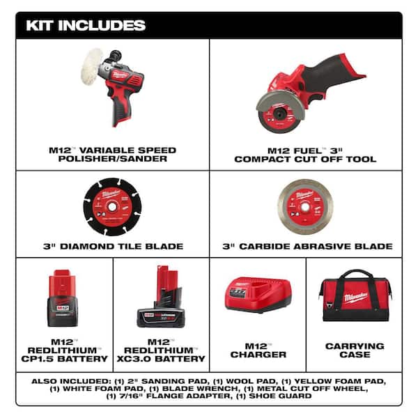 M12 12V Lithium-Ion Cordless Variable Speed Polisher/Sander Kit W/ Batteries, Accessories, Charger, Bag & Cut Off Saw