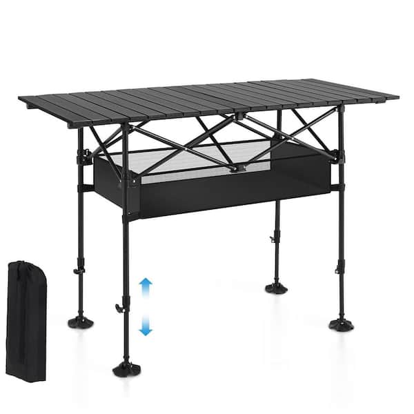 OGETFUUR 21.7 in. Black Rectangle Aluminum Frame Picnic Tables Seats 4 People without Umbrella Hole