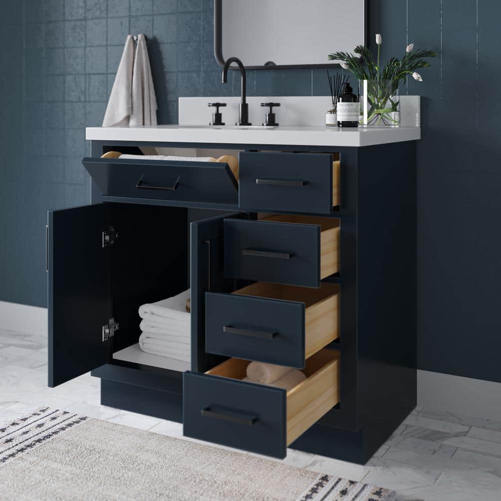 Midnight Blue Hardwood Single Basin Vanity with Quartz Top