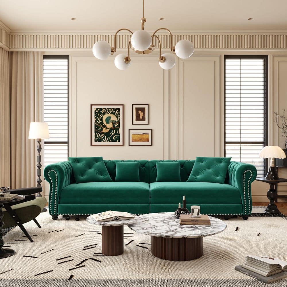 89 in. Flared Arm Velvet Rectangle Sofa in Green with Movable Ottoman