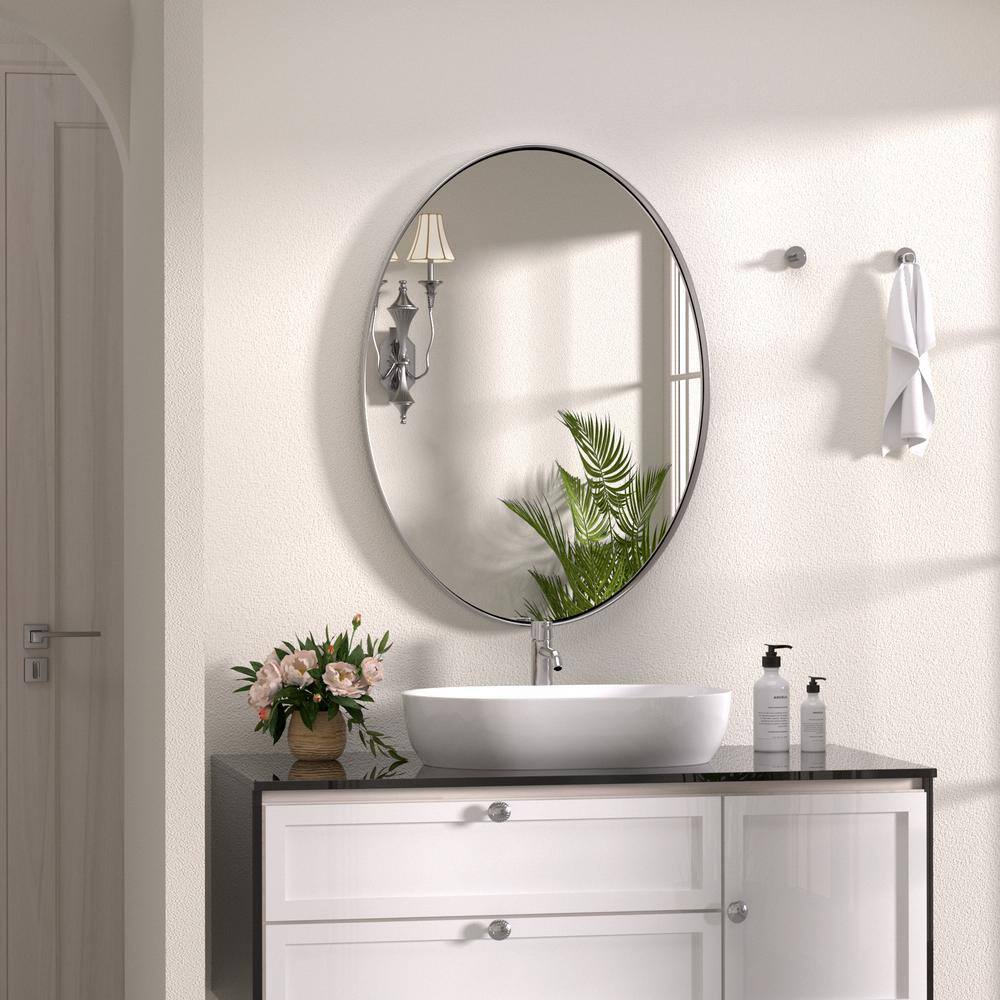 Modern Polished Silver Oval Vanity Mirror with Stainless Steel Frame