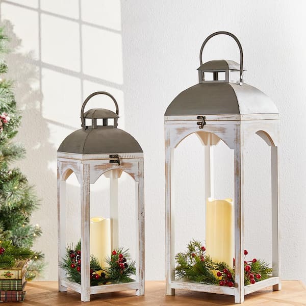 Glitzhome Set of 2-Mondern Farmhouse Natual Color Wooden Lantern