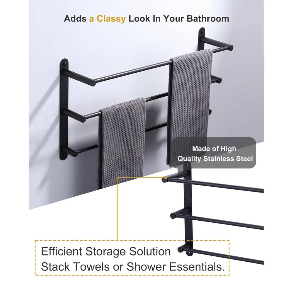 24 Inch Matte Black Stainless Steel 3-Tier Wall Mounted Towel Rack