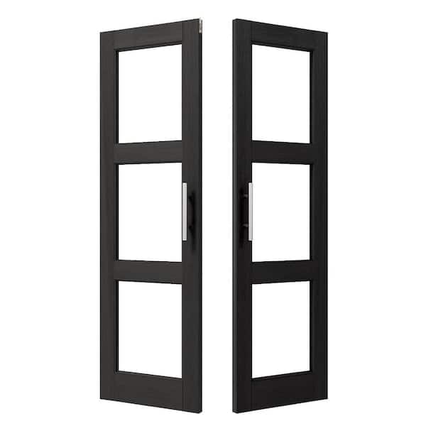 48 in. x 80 in. MDF, 3 Lite, Clear Glass, Black, Composite Pantry Door, Interior Door Slab w/ Ball Catch and Top Latch