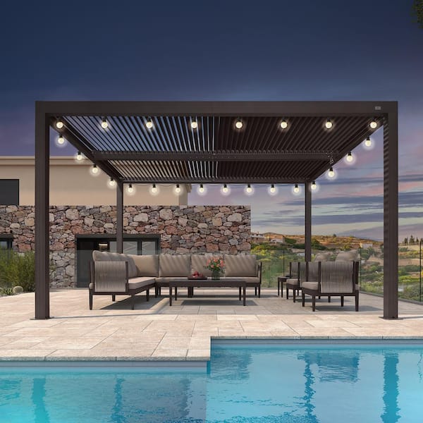 11 ft. x 13 ft. Bronze Aluminum Frame Outdoor Louvered Pergola with Adjustable Sunshade Roof and Solar String Lights