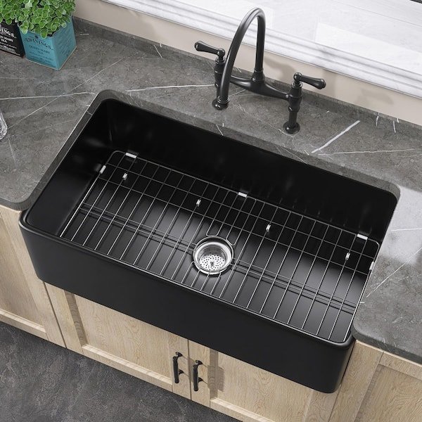 Getpro 36 in. Large Apron Front Kitchen Sink Single Bowl Black Fireclay Farmhouse Kitchen Sink with Bottom Grids and Strainer
