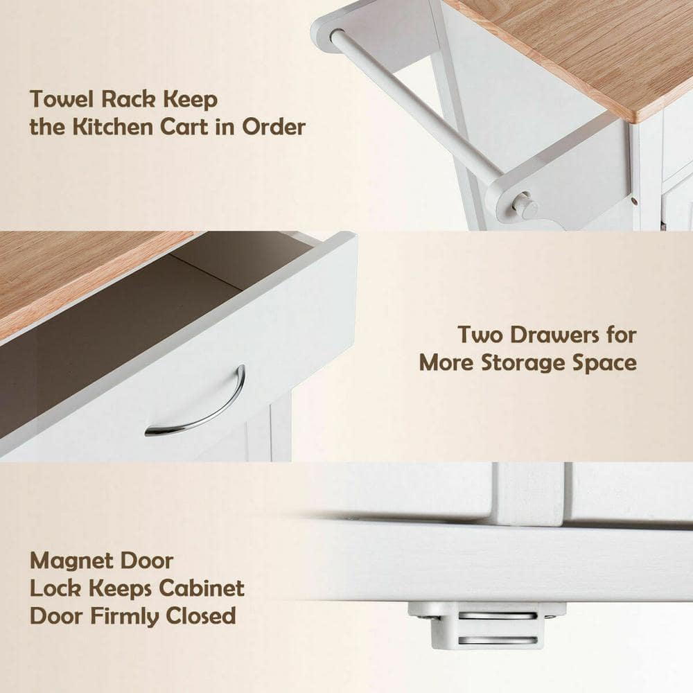 Elegant White Rolling Kitchen Cart with Rubber Wood Top and Storage