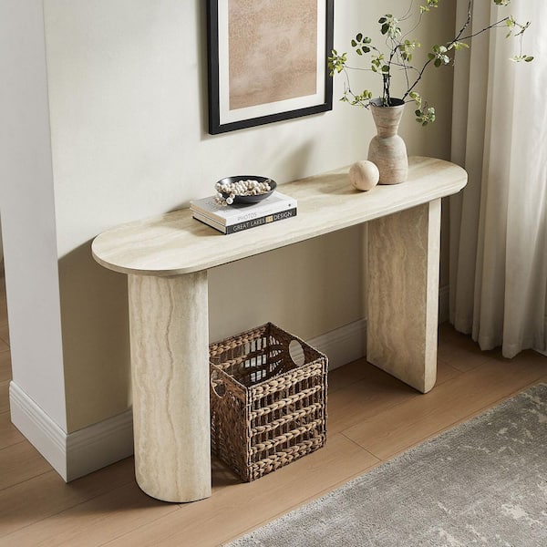 Noble House Kaspar 55.12 in. Oval Wood Beige Marble Pattern