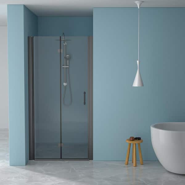 Unbranded 36 in. W x 72 in. H Bi-Fold Semi-Frameless Shower Door in Matte Black Finish with Clear Glass