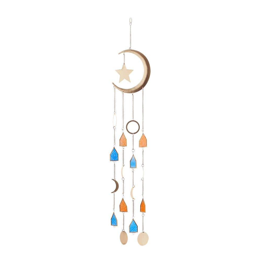 Litton Lane 42 in. Gold Metal Moon and Star Indoor Outdoor Windchime with  Stained Glass 040022 - The Home Depot