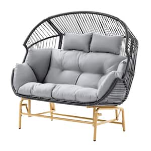 2-Seat DarkGray Wicker Egg Chair Patio Glider, Backyard Living Room Indoor/Outdoor Chaise Lounge with LightGray Cushions