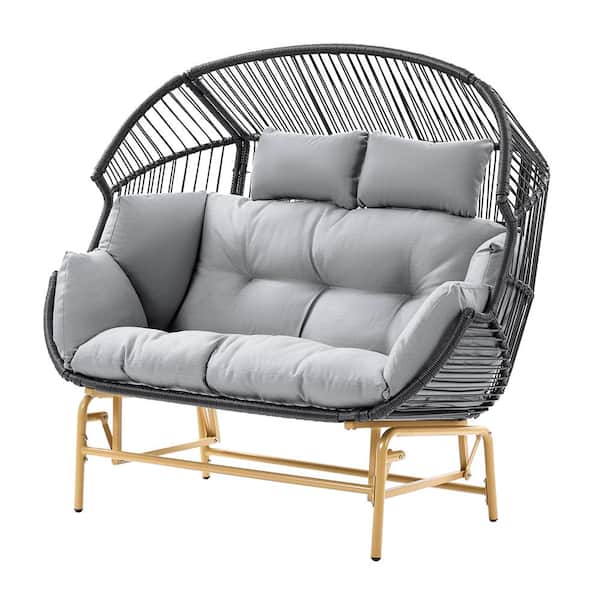 2-Seat DarkGray Wicker Egg Chair Patio Glider, Backyard Living Room Indoor/Outdoor Chaise Lounge with LightGray Cushions