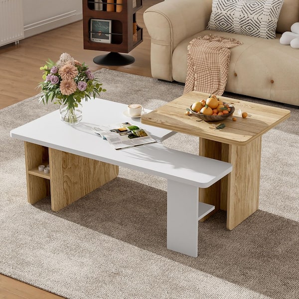 Harper & Bright Designs 47.2 in. White Nesting Rectangle Wood Coffee Table, Wood Finish Coffee Table Set ((Set of 2))