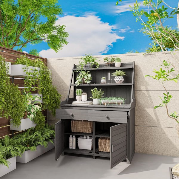 HomeAura 47.2 in. W x 65 in. H Wood Gray Potting Bench Table with Storage