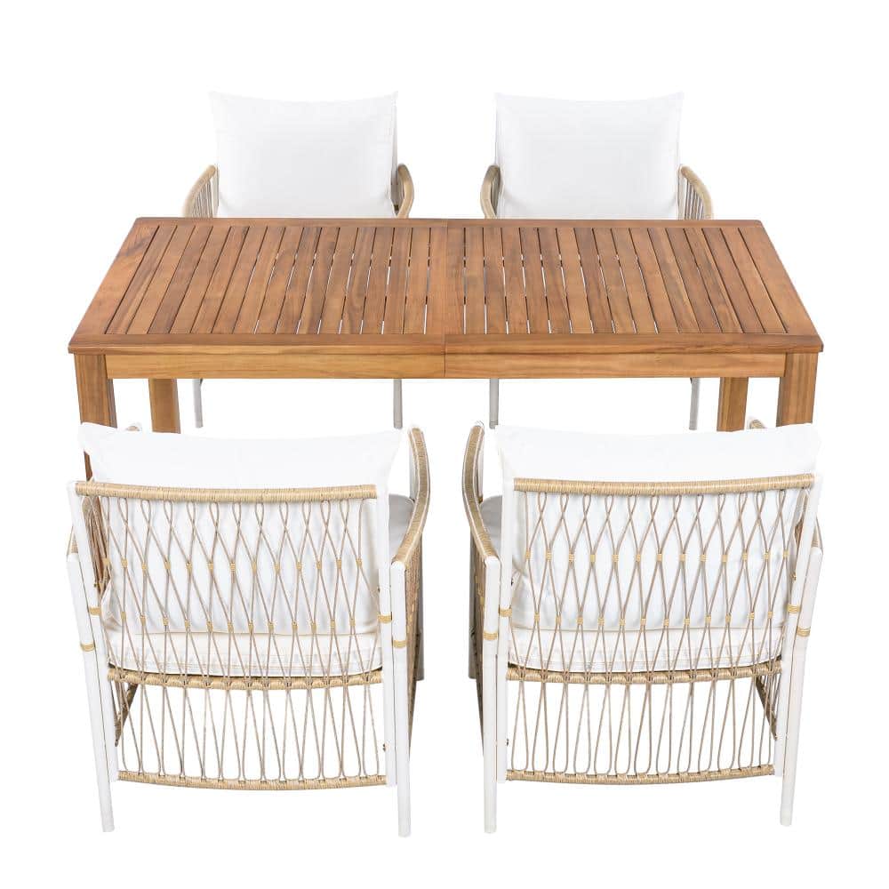 Teak 5-Piece Wood Outdoor Dining Set with Beige Cushion for Poolside, Backyard, Garden price history on PriceWatchPro