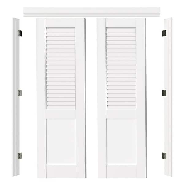 48 in. x 80 in. Louvered White Primed Pine Wood Core Double Pre-hung French Door with Quick Assemble Jamb, Universal