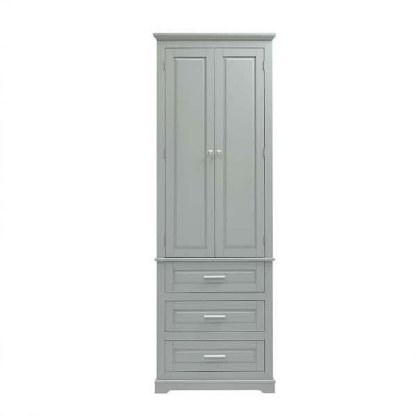 Wyndham Collection Modern 24 in. W x 15.7 in. D x 70 in. H Gray Linen Cabinet Tall Floor Storage with 3-Drawers