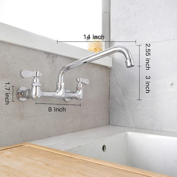 2-Handle Wall Mount Kitchen Faucet With 14 in. Swivel Spout 8 in. Center in Polished Chrome