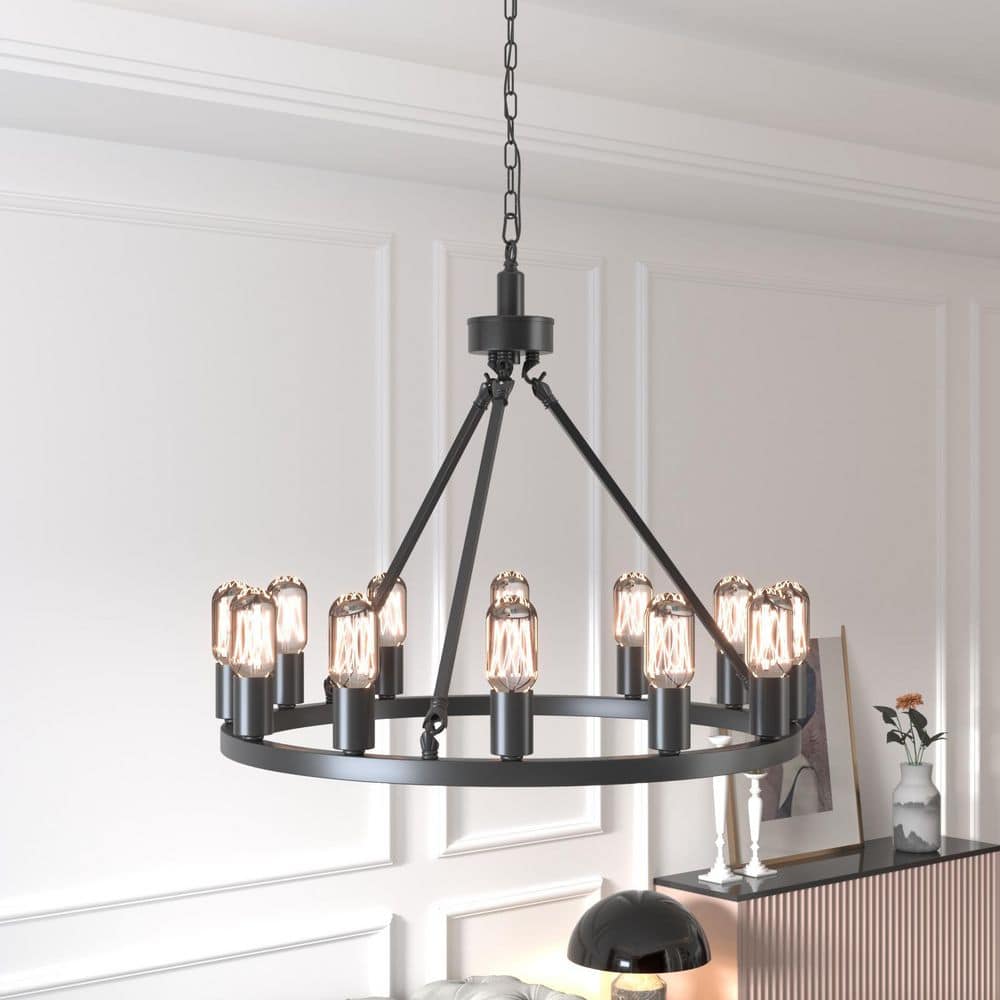 Maxax 12-Light 24 in. Black Farmhouse Wagon Wheel Dimmable