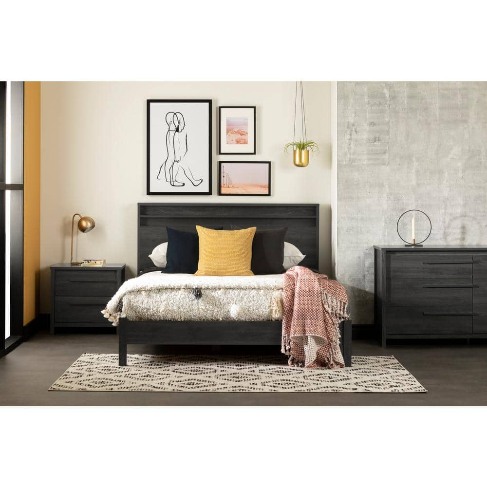 South Shore Queen Bed and Headboard Set Gray Oak: Contemporary Platform, Minimalist Design, Storage Shelves