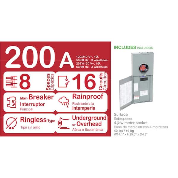 Homeline 200 Amp 8-Space 16-Circuit Outdoor Ringless Overhead/Underground Main Breaker CSED
