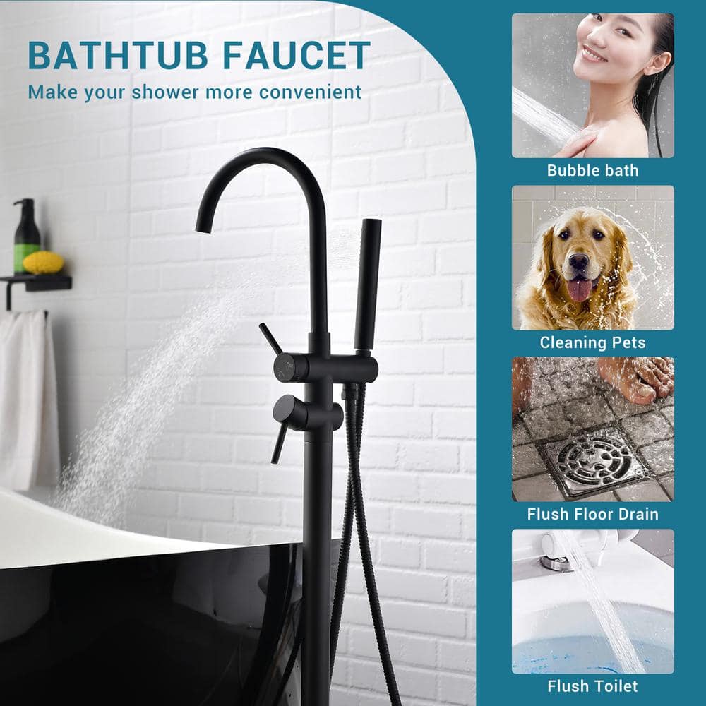 Matte Black Brass Freestanding Tub Filler with Handheld Shower