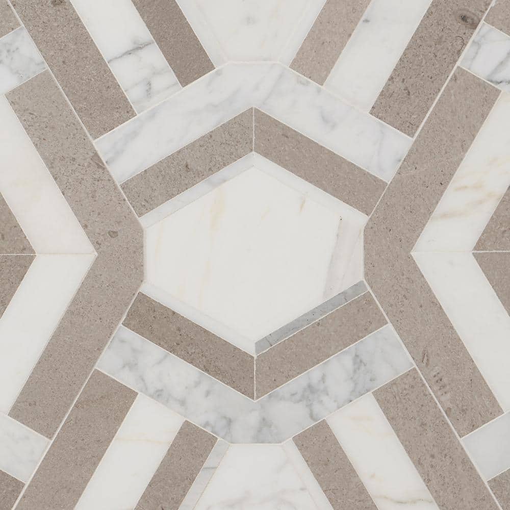 Cream and Gray Polished Marble Geometric Mosaic Tile