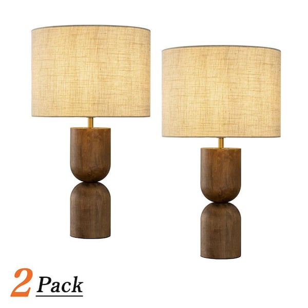 24 in. Japandi Honey Brown Wood Base Bedside Table Lamp Classic Nightstand Lamp with Beige Linen Fabric Shade (2 Pack)