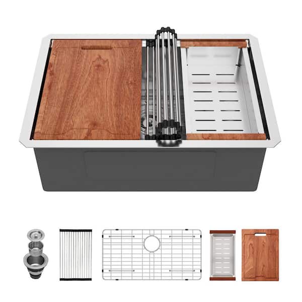 28 in. Undermount 16-Gauge Single Bowl Stainless Steel Workstation Kitchen Sink with Cutting Board, Colander and Grids
