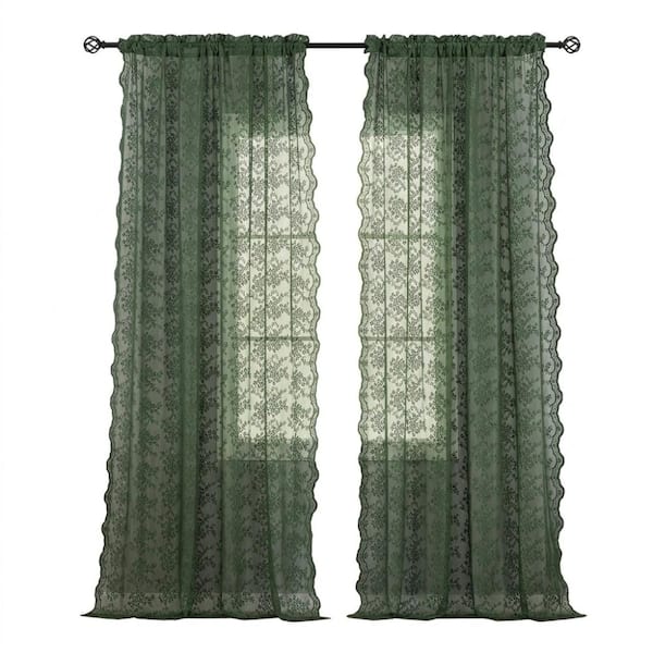 Green Lace 52 in. W x 84 in. L Vintage Floral Printed Light Filtering Curtain (Set of 2 Panels)