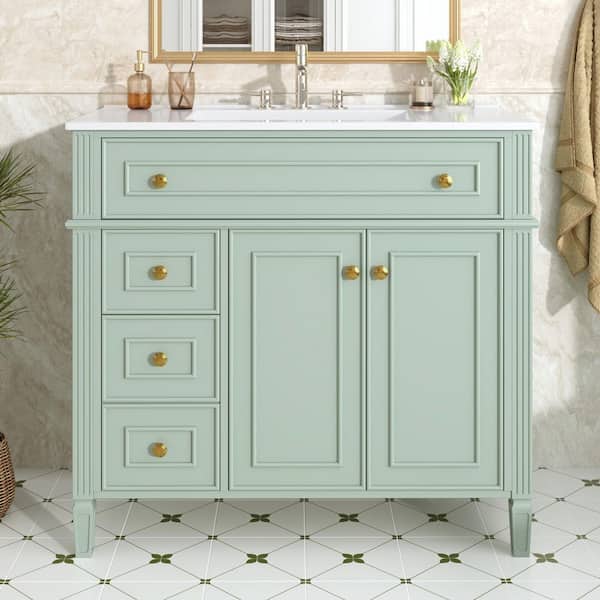 36 in. Single Sink Freestanding Green Bath Vanity with White Ceramic Top, 3-Drawers, Adjustable Shelf, Soft-Close Hinges