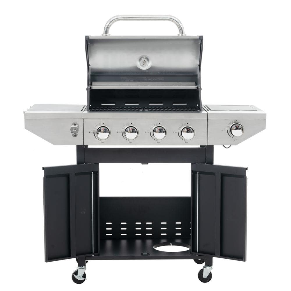 4-Burner Propane Gas Grill in Black with Side Burner and Thermometer for Ou