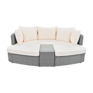 Beige PE Wicker 6-Piece Patio Conversation Round Sofa Set, Deep Seating Set with a Brown CushionGuard, Coffee Table