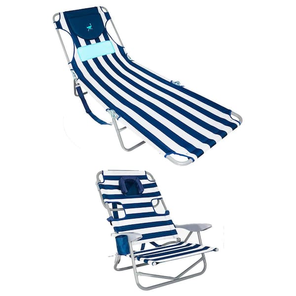 Ostrich Aluminum Ladies Comfort Lounger Chair and On Your Back Beach Chair, Striped Blue