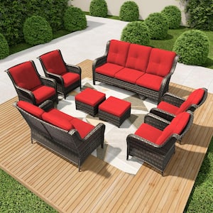 8-Piece Wicker Patio Conversation Set Yard Garden Porch with Red Cushions