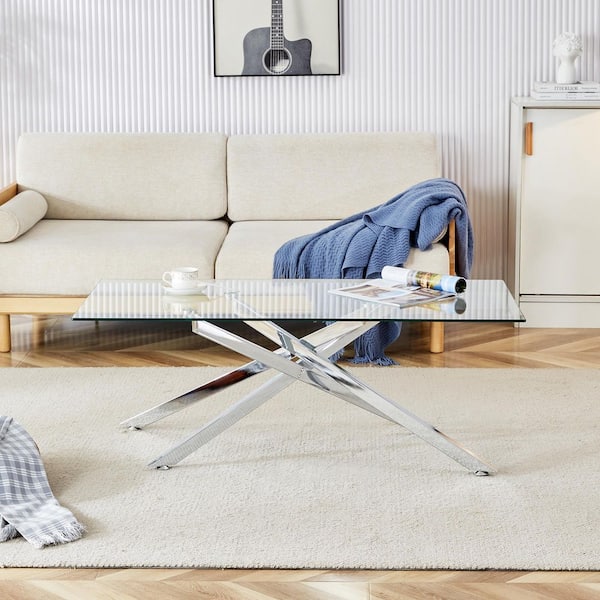 GOGEXX 47.2 in. Rectangle Clear Tempered Glass Coffee Table with Silver Metal Legs, Modern Living Room Accent Furniture