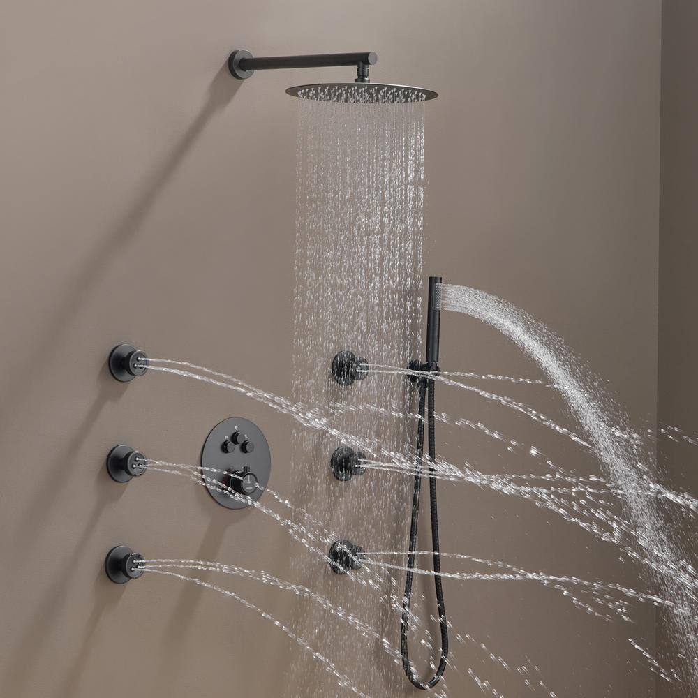 Matte Black Stainless Steel Thermostatic Rain Shower System with Handheld