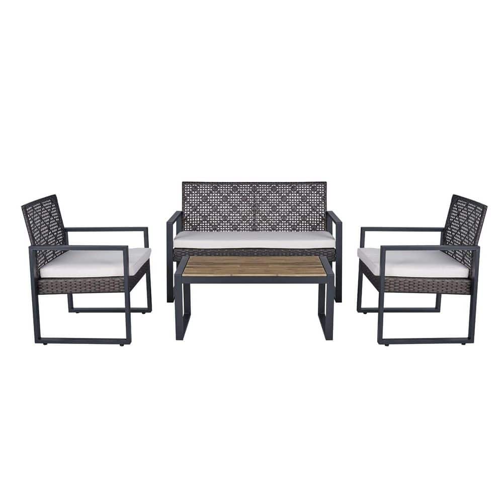 4-Piece Patio Furniture Set Outdoor Balcony Porch Garden Backyard Lawn Furniture Acacia Wood Table Top, Gray and Beige price history on PriceWatchPro