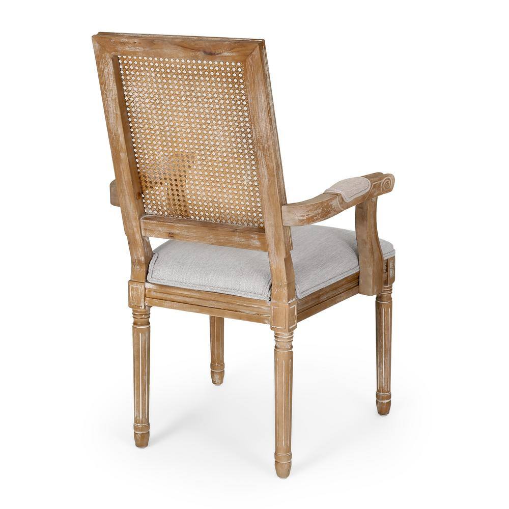 Light Gray Upholstered Wood and Cane Arm Chair Set