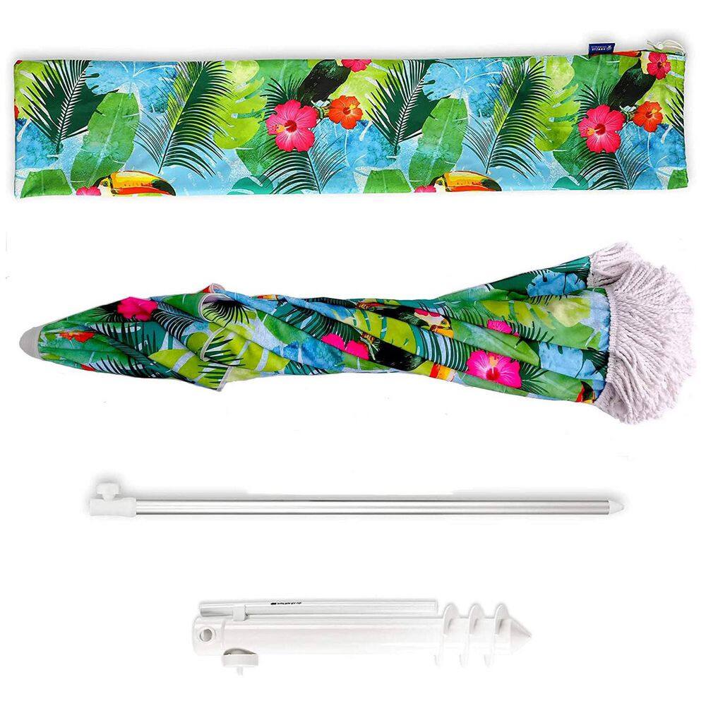 6.5ft Blue Polyester Beach Umbrella with Fringe and Metal Pole