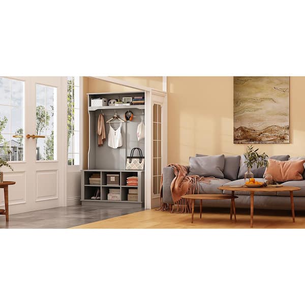 31.49'' Wide Hall Tree with 3 Storage Cubbies, 7 Hooks 17 Stories Color: Gray