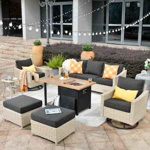 Oconee 7-Piece Wicker Patio Conversation Sofa Set with Swivel Rocking Chairs, a Storage Fire Pit and Black Cushions