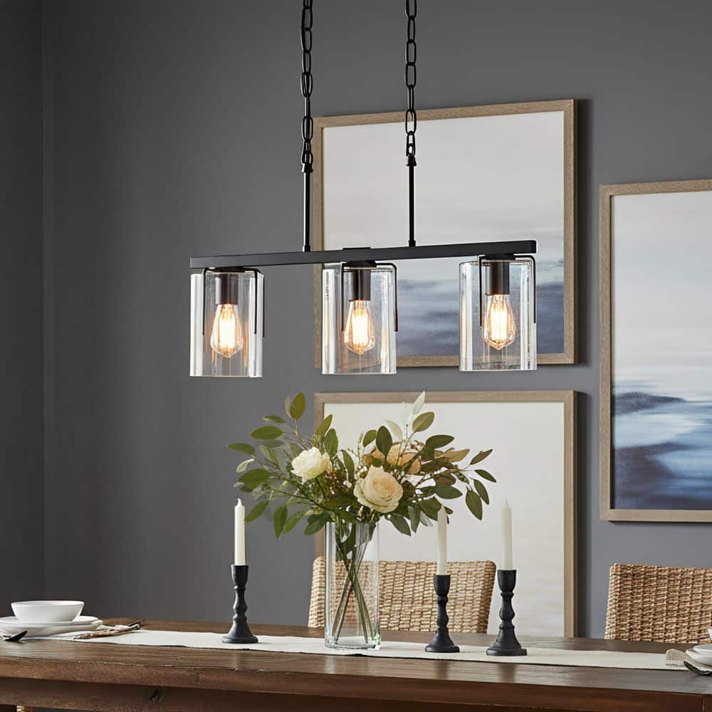 3-Light Matte Black Linear Pendant Light for Kitchen Island Dining Room, Industrial Clear Glass Chandelier Fixture price history on PriceWatchPro