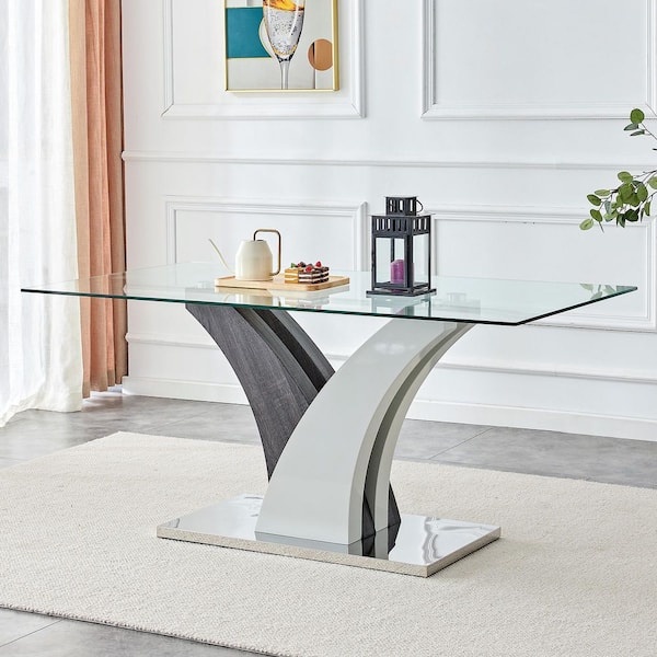 Gray/Transparent 63 in. W Rectangle Glass Top Pedestal Dining Table with Artistic MDF Legs