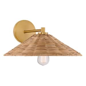 1-Light Natural Brass Wall Sconce with Natural Rattan Shade