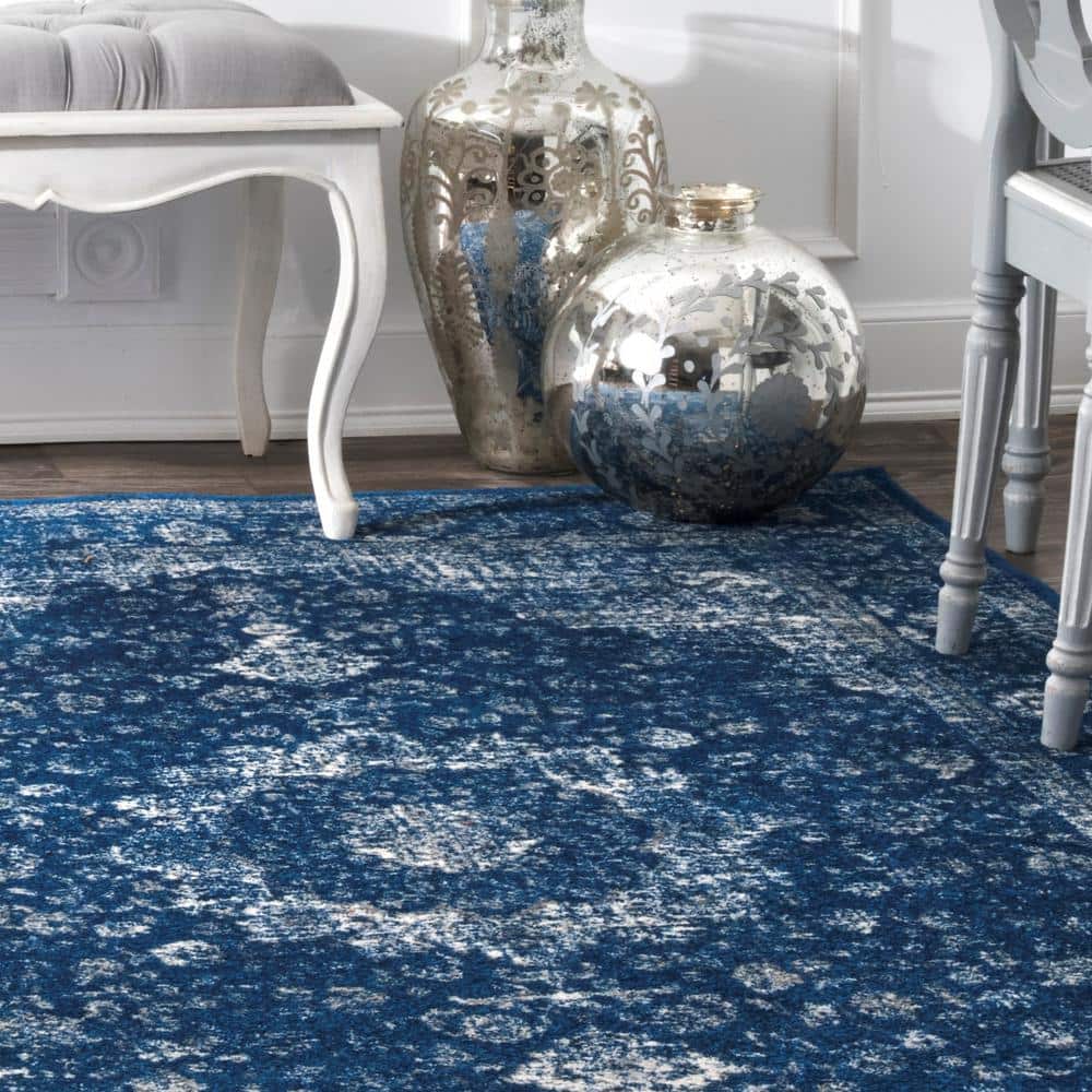 Dark Blue Medallion Synthetic Square Area Rug 8' x 8'