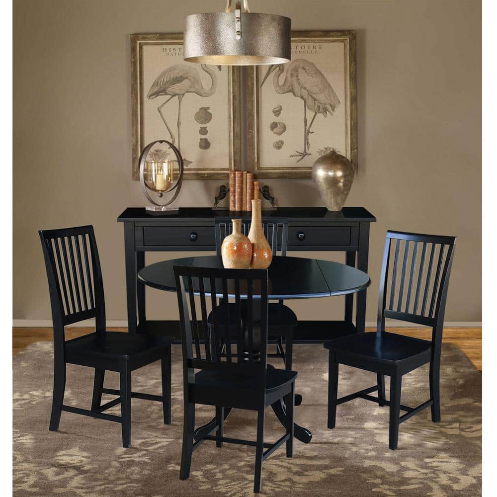 42" Black Solid Wood Round Dining Table Set with 4 Windsor Chairs